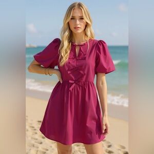 Oh Bow Ruched Puff Sleeve Mini Dress